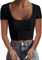 TrendiMax Womens Square Neck Long Sleeve Crop Top Slim Fit Knit T Shirts Y2K Black