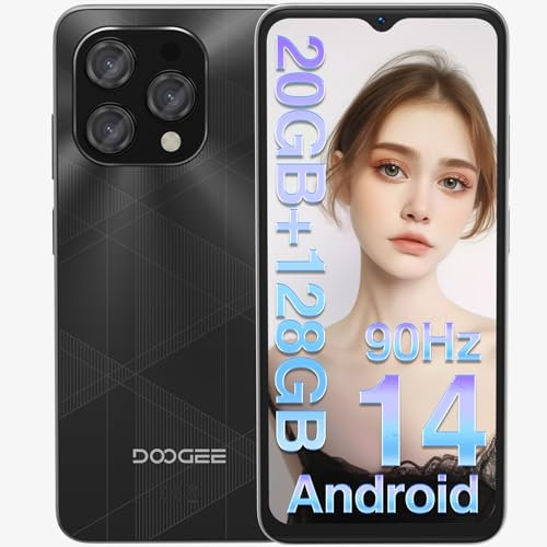 DOOGEE N55 Plus Teléfono Móvil 6,56 Pulgadas HD+ 90Hz, Android 14 Smartphone con 20GB RAM + 128GB ROM, Octa-Core Telefonos Moviles Libres, Telefono Dual 4G Nano SIM, 5150mAh, Desbloqueo Facial, Negro