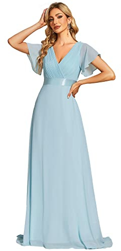 Ever-Pretty Women's Double V-Neck Short Flutter Sleeves Empire Waist Elegant Chiffon Long Evening Dresses Blue 14UK