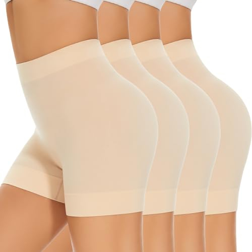 SIMIYA Radlerhose Damen Kurze Shorts Unter Kleid Rock Anti Scheuern Hotpants Kurze Leggings Damen Boxershorts Bequem Elastisch Unterhosen für den Alltag 4er Pack,Beige,M
