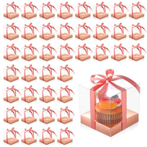 Thenshop 50 Pcs Clear Cupcake Boxes Individual 3.5 Inch Plastic Single Cupcake Containers Boxes with Inserts and Ribbon Individual Cake Storage Holders for Cake Kitchen(Rose Gold)