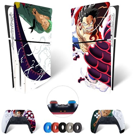 MaD Vision® Extra-Haltbares Skin-Set aus Vinyl für PS5 Disc Slim + 5 Paar Aiming Rings | Kratzfestes Aufkleber-Set für Playstation 5 + 2 Controllers – für One Piece Design