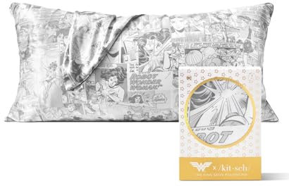 Kitsch x 19x36 Kissenbezug aus Satin mit Wonder Woman-Motiv, Reißverschluss für Haar und Haut, weicher als Seide, kühlend, maschinenwaschbar, knitterfrei, Kingsize, 48 x 91 cm, Comic-Design