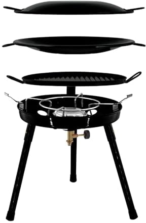 Gas Bullet ® Gasgrill mit Pfanne & Wok + 4 Kartuschen (450g) | für Schraubgaskartuschen | Auseinanderschraubbar | Campinggrill, Party-Grill für Camping, Festivals & Outdoor (Gaskocher + 4 Kartuschen)