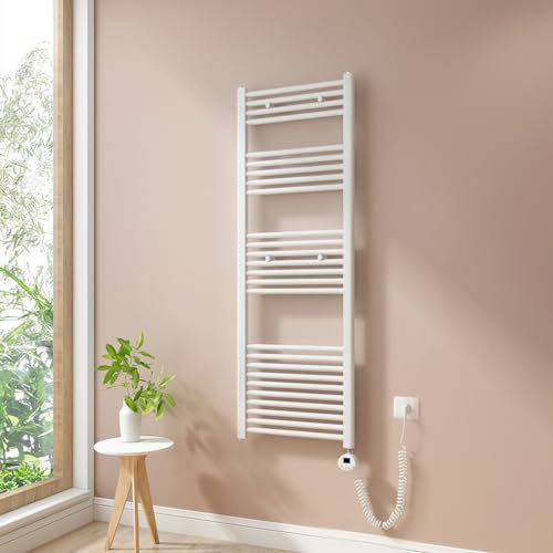 Heilmetz Badheizkörper Elektrisch mit Heizstab 600W Leistung 1400 x 500 mm Weiß Gerade Bad Heizkörper Handtuchwärmer Handtuchtrockner mit Thermostat Timer