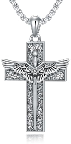 ROMANTICWORK Kreuz Kette 925 Sterling Silber Schwertkreuz Kette Kreuz Engelsflügel Anhänger Christlicher Religiöser Kreuz Schmuck Geschenke für Herren Männer Damen