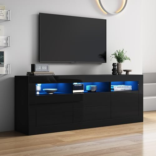 Merax TV-Schrank mit LED-Leuchten, TV Lowboard Hochglanz, TV-ständer für Fernseher bis zu 70 Zoll, mit 3 offenen Fächern, 2 Türen, 2 Schubladen, Moderne Sideboard, für Wohnzimmer, Esszimmer, Schwarz
