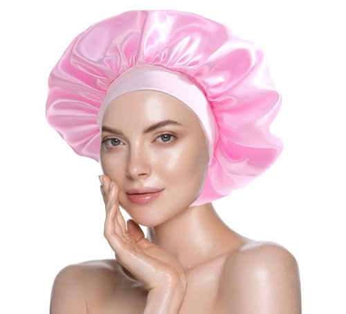 1 Stück Schlafmütze Satin Bonnet Nacht Schlaf Mütze Verstellbare Schlafkappe Kopfbedeckung Weiche Kopfhaube Schlafhaube Seide mit Gummizug für Damen（Rosa）