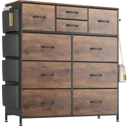 Buluri Tall Chest of Drawers Bedroom, 10 Fabric Drawers Dresser with Side Pockets and Hooks, Wooden Top and Metal Frame, Storage Drawers for Closet, Living room, Kids Room (Rustic Brown)