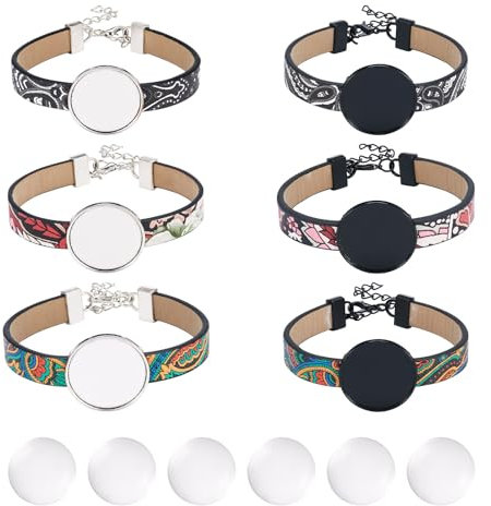 Craftdady 6 Stück PU-Leder-Armbandherstellung, verstellbare Armband-Rohlinge, Lünettenablage, 18 mm, Glas-Cabochons, DIY, für Damen und Herren, Armband-Schmuck-Sets