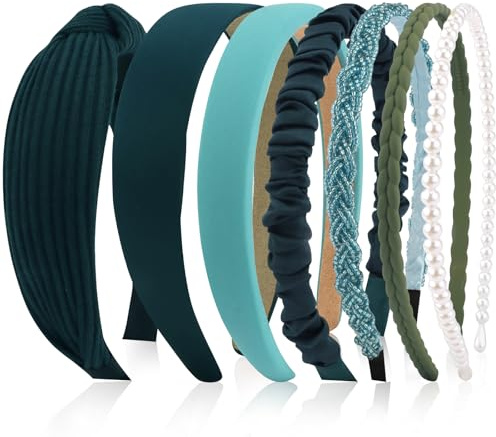 VELSCRUN Headbands for Women 7 Pcs Different Forest Green Knotted Solid Pearl Head Bands Non Slip Hair Band for Womens Gilrs Thin Thick Short Hair Fashion Accessories