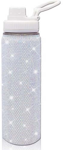22oz Stainless Steel Bling Crystal Water Bottle Rhinestone Vacuum Insulated Bottle with Spout Lid Reusable Double-Wall Glitter Sport Bottle Gift for Women Girl (White)