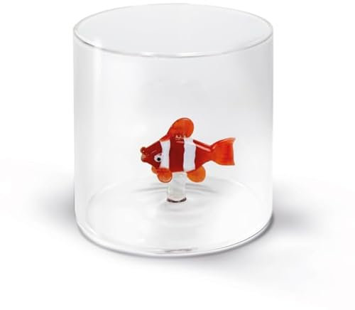 WD Lifestyle - Bicchiere in Vetro Borosilicato 250ml con Soggetto in Vetro Colorato Interno (Pesce Pagliaccio)