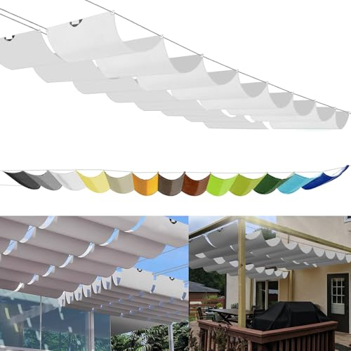 Toldo Enrollable de Onda 0,9x4m, Pérgola de Sombra Ajustable a Medida, Toldo para Terraza y Pérgola, Protección UV 95% y Resistente a Desgarros, Incluye Cuerdas de Montaje, Color Blanco