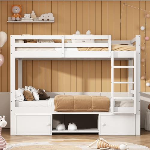 Jaxenor Kiefernholz Etagenbett 2 Kinder mit Schuhregale und Schließfächer, Kinder Hochbett 90x200cm mit Leitplanke, Umbaubar zu 2 Einzelbetten Stockbett, Bunk Bed mit Dreistufiger Winkelleiter, Weiß