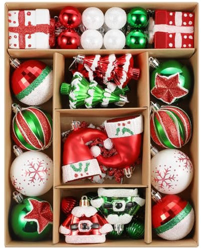 Christmas Baubles, 50 ct Red Green White Assorted Xmas Elements Ornaments, Shatterproof Decorative Hanging Ball Ornaments for Holidays Party Wedding Christmas Tree Decoration