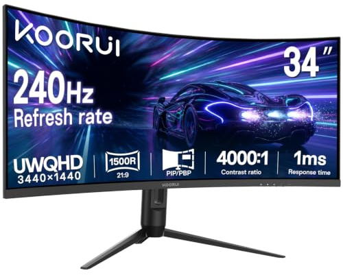 KOORUI Monitor da gioco curvo ultra largo da 34 pollici, 240 Hz, 3440 x 1440p, display 21:9, curva 1500R, 1MS, PIP/PBP, supporta sincronizzazione adattiva, DP, HDMI, PS5, Vesa