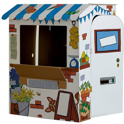 BANKERS BOX Market Stall Playhouse for Kids XL (106.6 x 81.6 x 93cm) - Colour-In Cardboard Den, FSC Certified & Recyclable, Arts & Crafts Toy - Ages 3+