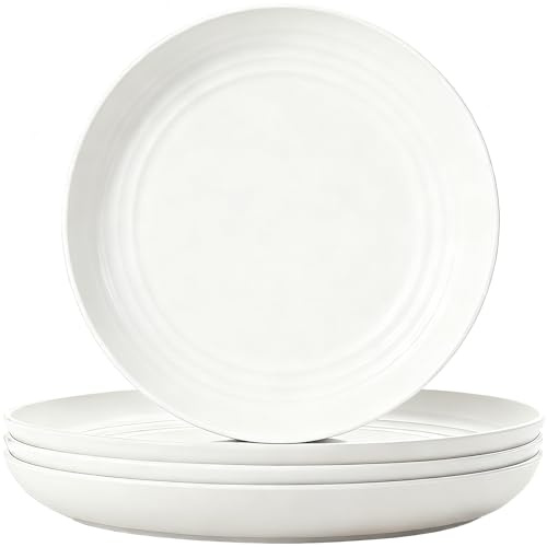 Plastic Plates Reusable Set of 4, 7.8 inch Unbreakable Dinner Plates | Lightweight Camping Plate for Picnic, Salad, Pasta, Party, Home, Office, Dishwasher & Microwave Safe (White)