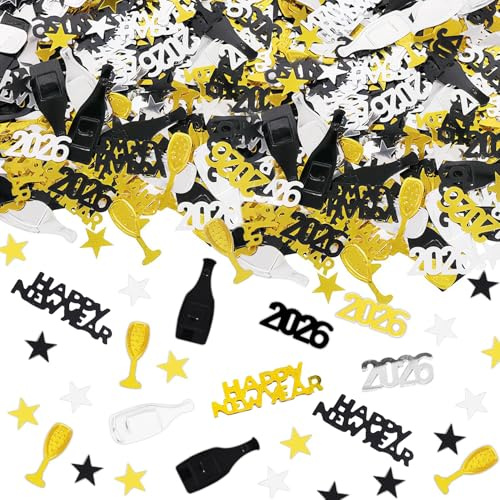 Silvester Deko 2026 Konfetti,Happy New Year Deko Confetti,Streudeko Party Tischdeko Konfetti,Glitzer Silber Gold Schwarz Neujahr Party Confetti,für Hochzeit Neujahr Karneval Silvesterparty Dekoration