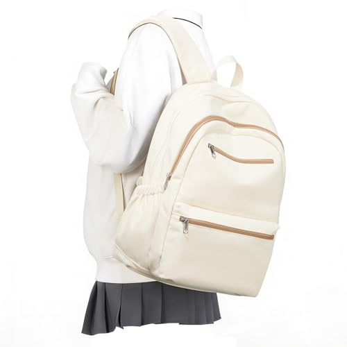 Lendolk Uni Rucksack Damen Herren, Wasserdicht Rucksack Schule Aesthetic, Gymnasium Schulrucksack Teenager Mädchen Jungen, Casual School Bag mit Laptopfach (Beige)