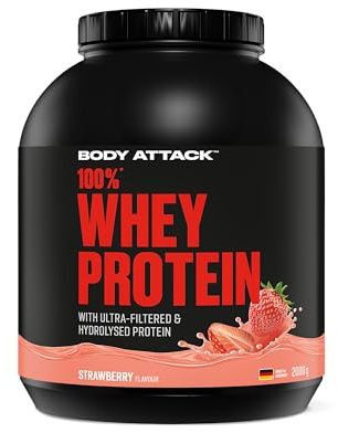 Body Attack 100% Whey Protein Strawberry 2 kg | cremiges Eiweißpulver mit Hydrolysat und BCAA´s, unterstützt Muskelaufbau und Diäten, Made in Germany