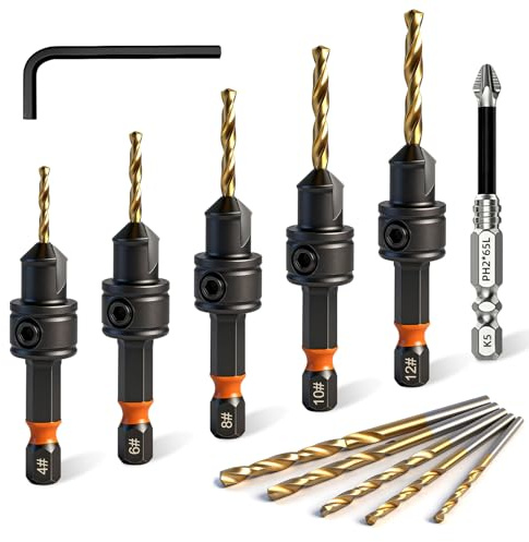 Woodworking Countersink Drill Bits Set, 12 PCS Counter Sink Drill Bits Fitted With a Phillips Screwdriver Bit For #4、#6、#8、#10、#12 Screws, for Drilling Holes in Wood, Composite Panels, and Plastics