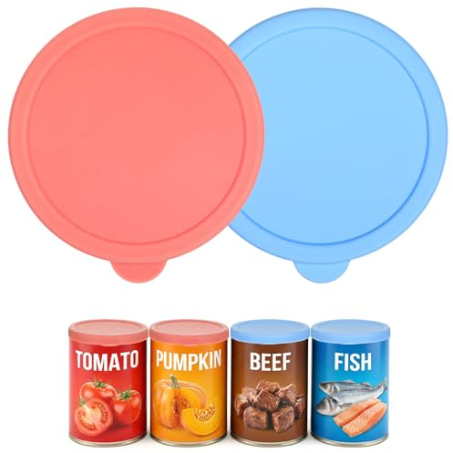 2pcs Silicone Can Covers for Tins, Ymapinc Reusable Tin Lid (2.95inch/7.5cm), Silicone Lids Food Covers for Dog Food/Canned Goods, Secure Snap Seal Tin Lid for Cans (Red/Blue).