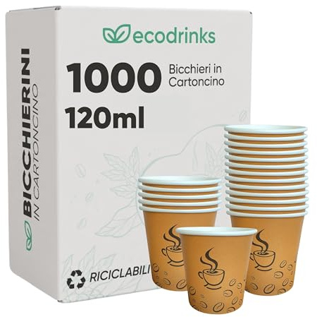 1000 Bicchieri di Carta da 120ml, Colore Avana e Grafica Caffè - Rivestimento Interno Impermeabile, Perfetti per Bevande Calde - Biodegradabile, Look Professionale - Per Bar, Ufficio, Eventi
