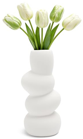 XRVRILE Keramikvase Modern Weiß – Vase Weiß Keramik Naturstein Optik 20cm, Blumenvase modern für Pampasgras & Trockenblumen, Keramik Deko Deko Vase fürs Wohnzimmer, skandinavische Design Vase