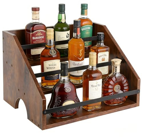 Nymblis Wine Rack, 3-Tier Wooden Liquor Display Shelf, with Guardrails