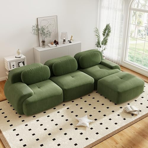 Sofá de esquina convertible moderno de 298 cm con puf, sofá modular de terciopelo en forma de L, sofá de compresión de 3 a 6 plazas para sala de estar, asiento extra profundo, no requiere montaje