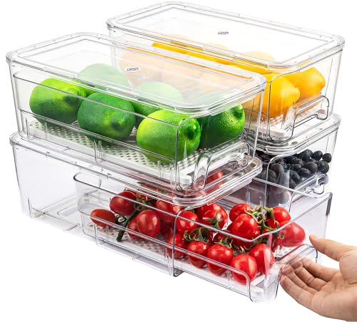 Imncya 4er-Set Kühlschrank-Organizer Schubladen Boxen, Klare stapelbare Ausziehkühlschrank-Schubladen, Aufbewahrungsbehälter mit Deckeln für Obst, Gemüse, Getränke und Lebensmittel