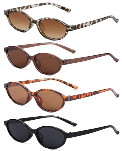 LURVOUS 4 Stück Retro Oval Sonnenbrille für Frauen Cat Eye Sonnenbrille Vintage 90er Jahre Schmale Brille Kleine Gesicht Sonnenbrille für Strand Party Outdoor