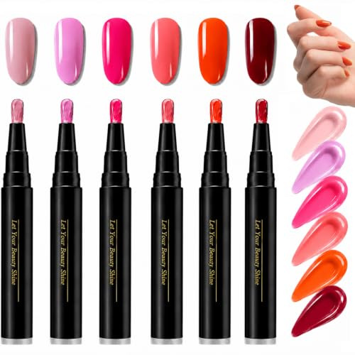 6PCS Polish Nail Polish Pens, Nail Polish Pens, Nail Varnish Pens, 3 In 1 Gel Nails Polish Pen Set,UV Lamp Required, Gel Nails Polish Crafts Pen, DIY Nail Pens for Girls and Ladies