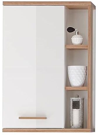 Pelipal Badezimmer Hängeschrank Quickset 923 in Weiß Glanz/Riviera Eiche quer Nachbildung, 50,5 cm breit | Bad Wandschrank mit 1 Tür, seitlichen Ablagefächern und 2 Glas-Einlegeböden