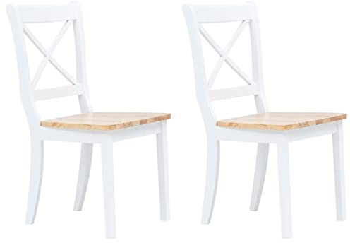 vidaXL 2 x Solid Rubberwood Dining Chairs, Dining Chairs, Kitchen, Home, Indoor, White and Brown