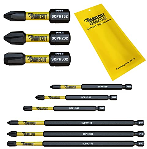 9 x SabreCut SCRK9PH 32 mm 89 mm 152 mm PH1 PH2 PH3 Juego de puntas de destornillador de impacto magnético Phillips Heavy Duty Compatible con Dewalt Milwaukee Bosch Makita y más