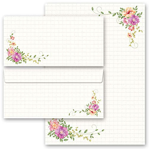 Briefpapier Sets Blumen & Blüten, BLUMENBRIEF 10 Blatt Briefpapier + 10 passende Briefumschläge DIN LANG ohne Fenster | Paper-Media