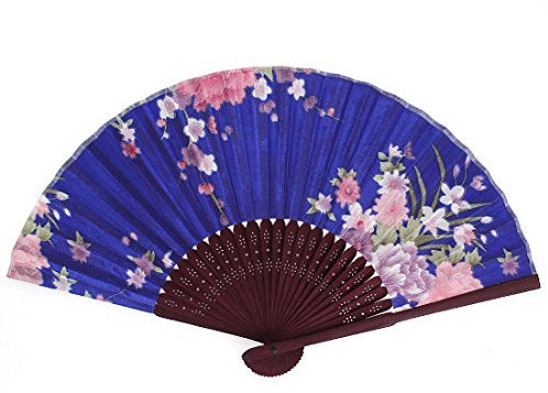 Chinese Fabric Flower Style Summer Folding Hand Fan Royal Blue
