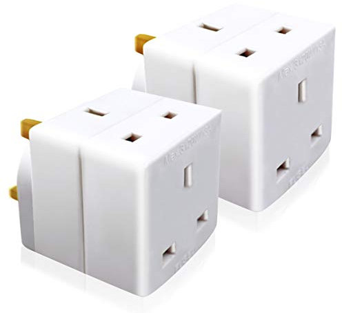 EXTRASTAR 2 Way Double Block Mains Adaptor, 3 Pins Socket Splitter Extension UK Plug, 13A Fused Wall Adaptor Power Extender for Laptop, Computer, TV, DVD and More(2 Pack)