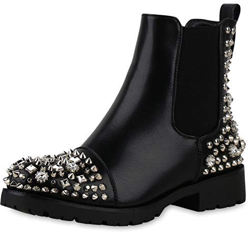 SCARPE VITA Damen Stiefeletten Chelsea Boots Blockabsatz Profilsohle Nieten Strass Leder-Optik Schuhe 197093 Schwarz Black Black 36