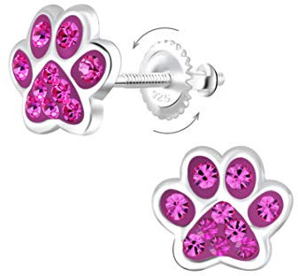 Laimons Kinder Mädchen-Ohrstecker Hundepfote Tatze 8mm Glitzer mit Verschluss zum drehen aus Sterling Silber 925 (Pink)
