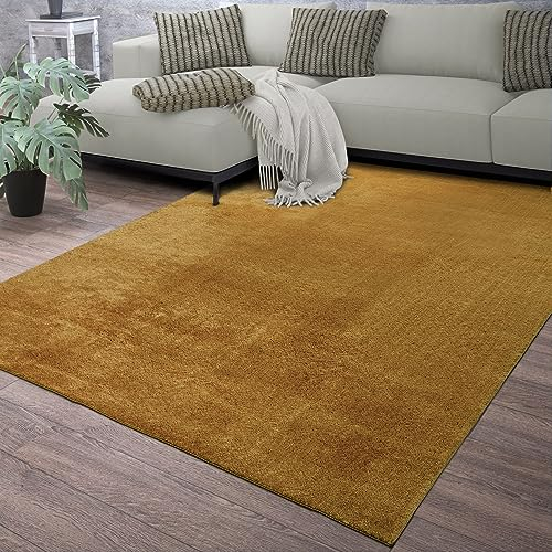TT Home Teppich Wohnzimmer Kurzflor Anti-Rutsch Rückseite Einfarbiges Design Waschbar, Farbe: Dunkelgelb Senfgelb, Größe:140x200 cm