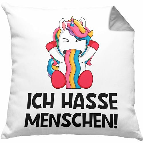 Trendation Ich Hasse Menschen Kissen mit Füllung 40x40 Kissen mit Füllung 40x40 Einhorn Lustig Spruch Geschenk Frauen Männer (Grau)
