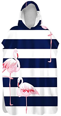 Hiseng Badeponcho für Kinder Erwachsene, Flamingo Drucken Bademantel Weich Badetuch Mikrofaser Schnelltrocknend Surf Poncho Schwimmen Strand Poncho mit Kapuze (Streifen,75x145cm)