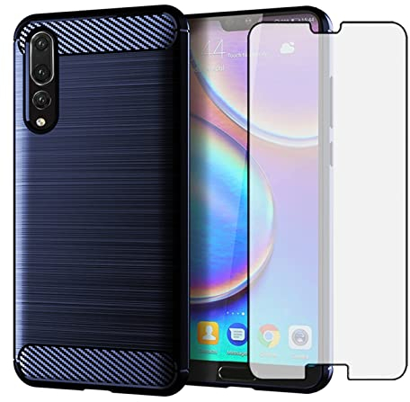 Asuwish Compatible with Huawei P20 Pro Phone Case and Tempered Glass Screen Protector with Shockproof Soft Slim Silicone Carbon Fiber Cell Accessories Hawaii P 20Pro 20 P20pro for Women Men Blue