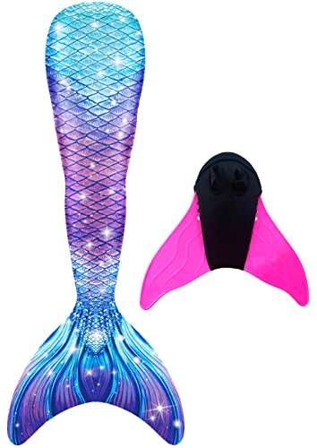 NAITOKE meerjungfrauenflosse mädchen Badeanzug - Meerjungfrau Flosse Bademode mit Bikini Set und Monoflosse Mermaid Tail, 4 Stück Set,POOYZ,160