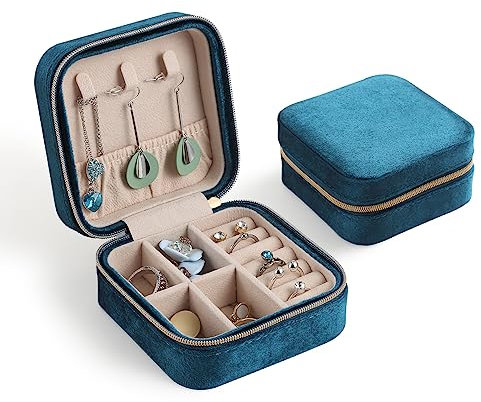 CASEGRACE Reise-Schmuckkästchen, Plüsch-Samt-Schmuckschatulle, kleiner Schmuck-Reise-Organizer, Präsentation, Ringe, Halsketten, Armbänder, Ohrringe, Aufbewahrungsbox für Damen und Mädchen, Blau