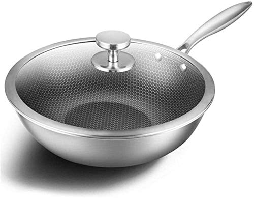 PURRL Sartén Wok Sartén De Hierro Fundido Sartén De Acero Inoxidable 304 Sartén De 32 Cm De Largo De Nido De Abeja Completo No Aceitoso Humo Y Cocina De Inducción Antiadherente Sartén De Hierro Wok